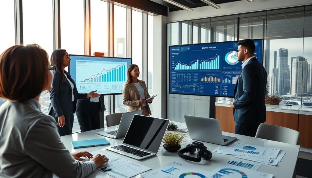 A well-organized workspace featuring a diverse group of professionals analyzing data on a large digital screen displaying trends and statistics. In the foreground, a confident woman in professional business attire points to a key data point, while a focused man in a suit takes notes. The middle ground shows a modern conference table, laptops open, and various charts scattered around. In the background, a sleek office with floor-to-ceiling windows showcasing a vibrant cityscape under soft, natural lighting. The mood is collaborative and innovative, emphasizing the importance of teamwork in defining an ideal customer profile. Use a wide-angle lens to capture the entire scene with a bright and inviting atmosphere. A well-organized workspace featuring a diverse group of professionals analyzing data on a large digital screen displaying trends and statistics. In the foreground, a confident woman in professional business attire points to a key data point, while a focused man in a suit takes notes. The middle ground shows a modern conference table, laptops open, and various charts scattered around. In the background, a sleek office with floor-to-ceiling windows showcasing a vibrant cityscape under soft, natural lighting. The mood is collaborative and innovative, emphasizing the importance of teamwork in defining an ideal customer profile. Use a wide-angle lens to capture the entire scene with a bright and inviting atmosphere.