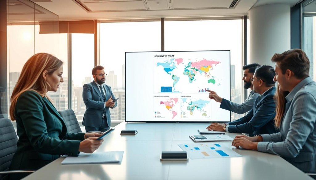 In a bustling international trade office, depict a diverse group of professionals engaged in a collaborative meeting around a large table. Foreground: a woman in a sharp business suit analyzing data on a tablet, while a man in smart attire points at a colorful infographic projected on a screen. Middle: several other team members, including an individual from India, discussing charts and maps showcasing global import and export routes, emphasizing connectivity and strategic partnerships. Background: large windows revealing a city skyline with skyscrapers, suggesting global outreach. Soft, warm lighting enhances a professional yet inviting atmosphere, with a slight depth of field to focus on the engaged discussion. The image embodies teamwork and data-driven strategy in the context of international trade. In a bustling international trade office, depict a diverse group of professionals engaged in a collaborative meeting around a large table. Foreground: a woman in a sharp business suit analyzing data on a tablet, while a man in smart attire points at a colorful infographic projected on a screen. Middle: several other team members, including an individual from India, discussing charts and maps showcasing global import and export routes, emphasizing connectivity and strategic partnerships. Background: large windows revealing a city skyline with skyscrapers, suggesting global outreach. Soft, warm lighting enhances a professional yet inviting atmosphere, with a slight depth of field to focus on the engaged discussion. The image embodies teamwork and data-driven strategy in the context of international trade.